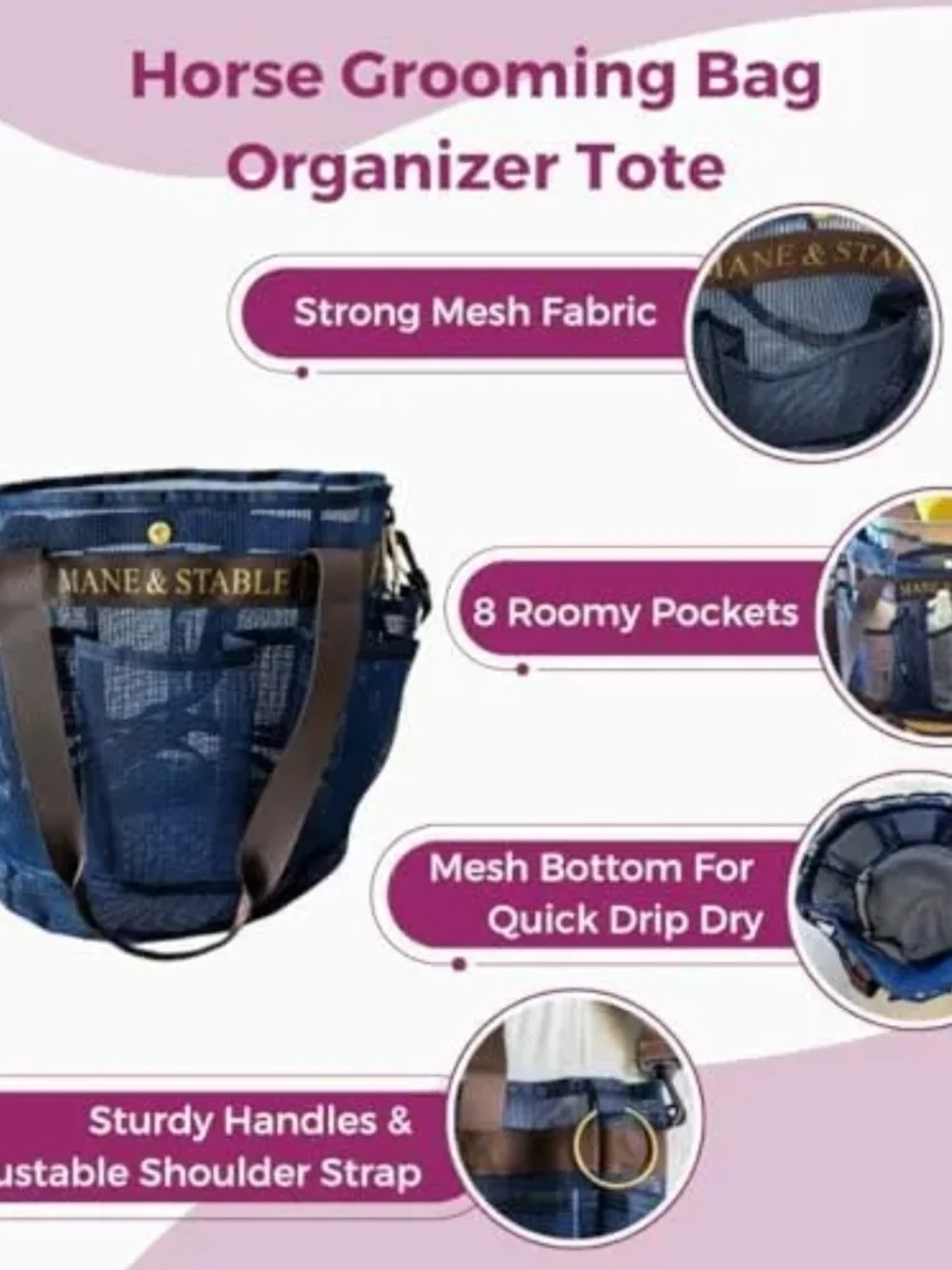 MANE & STABLE Horse Grooming Bag – Hanging Royal Blue Mesh Tote with 8 Pockets